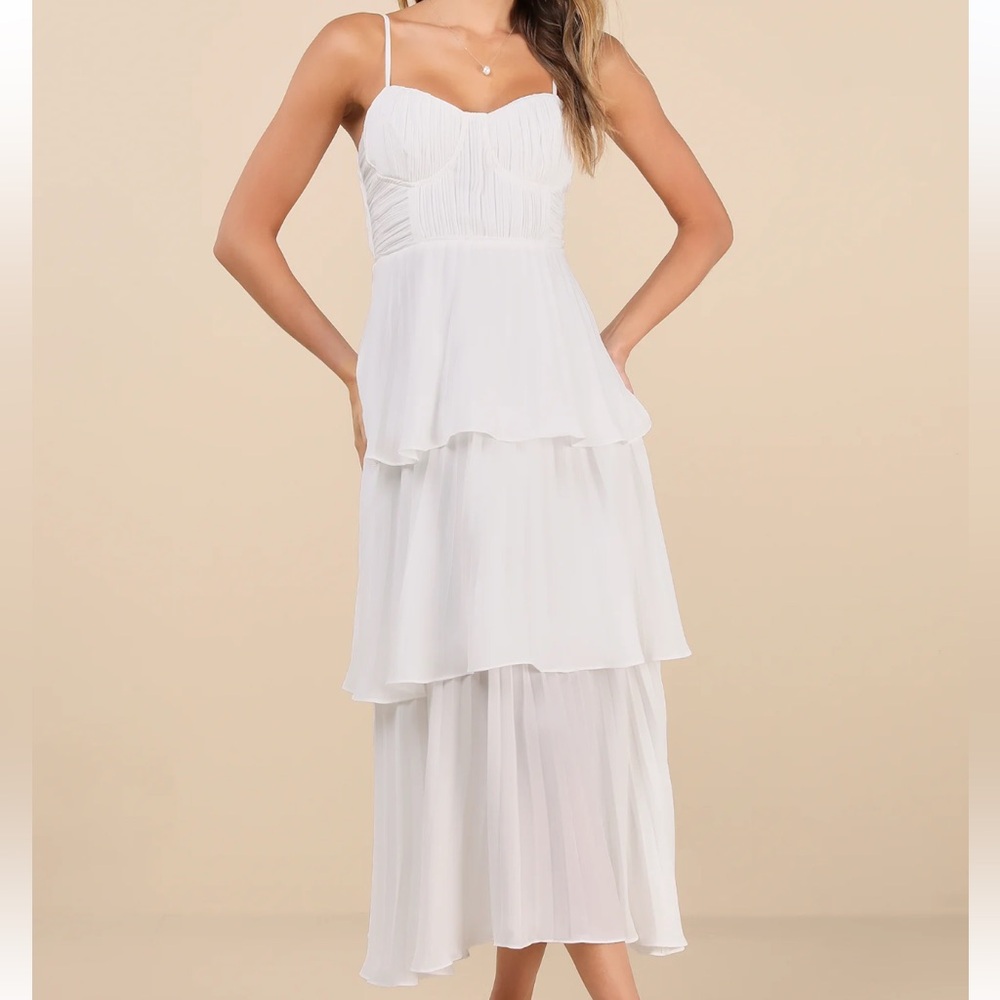 Lulus Cascading Crush White Tiered Bustier Midi Dress